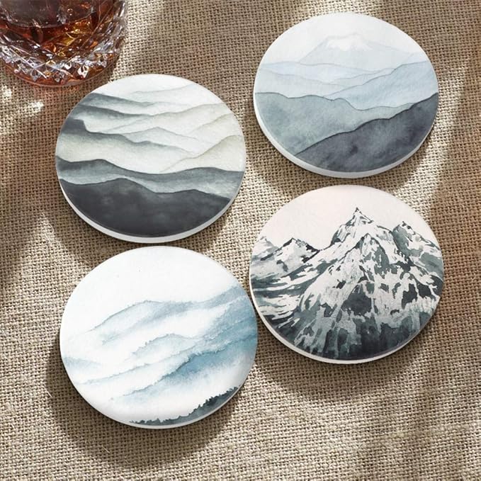 Lahome Mountain Range Coasters - Round Drinks Absorbent Stone Coaster Set with Ceramic Stone and Cork Base for Kinds of Mugs and Cups (Mountain Range, 4)