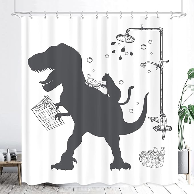 LGhtyro Funny Dinosaur Kid Shower Curtain Bathroom Set 60Wx71H Inches Cartoon Dino Cat Trex Animal Raptor Silhouette Shadow Bath Accessories Black White for Boys Art Home Decor Fabric 12 Pack Hooks