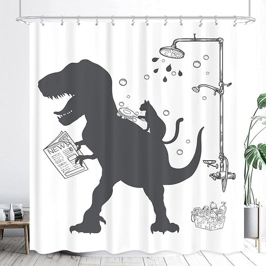 LGhtyro Funny Dinosaur Kid Shower Curtain Bathroom Set 60Wx71H Inches Cartoon Dino Cat Trex Animal Raptor Silhouette Shadow Bath Accessories Black White for Boys Art Home Decor Fabric 12 Pack Hooks