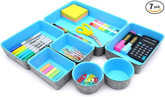 Welaxy Drawer organizers bins felt storage bin office organizer Shallow Small Desk organizer trays Draw dividers 7-piece Gifts Idea (Sky blue)