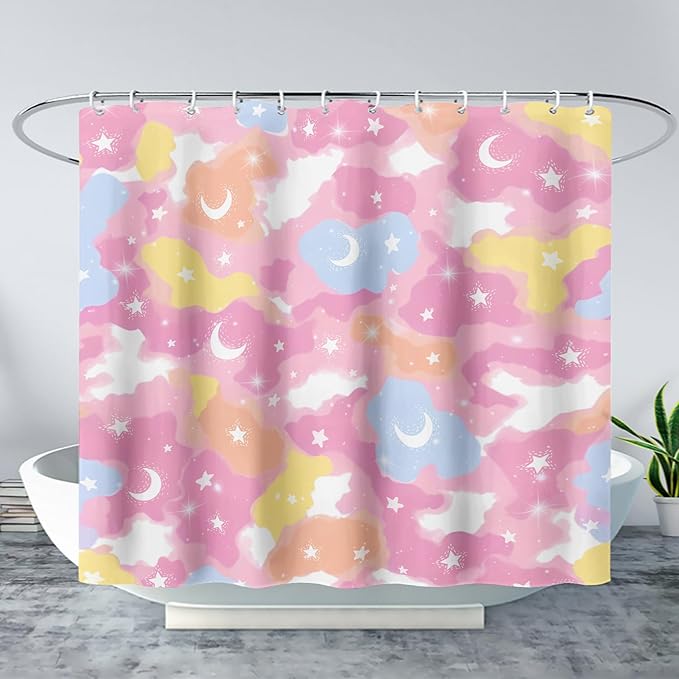 AILONEN Pink Galaxy Shower Curtain,Star and Moon Theme Bathroom Shower Curtain for Girls Kids Teens, 72" W*78" H Colorful Starry Sky Shower Curtain for Bathroom