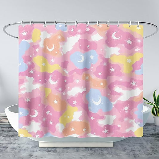 AILONEN Pink Galaxy Shower Curtain,Star and Moon Theme Bathroom Shower Curtain for Girls Kids Teens, 72" W*84" H Colorful Starry Sky Shower Curtain for Bathroom