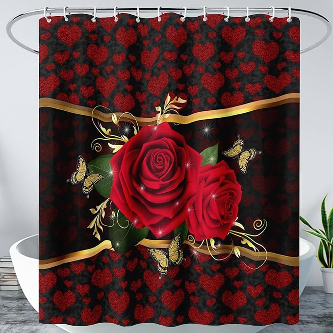 AILONEN Red Rose Shower Curtain for Bathroom, Romantic Flower Rose 3D Printed Valentine Wedding Bathroom Decor Hearts Curtain,72" W*78" H Polyester Waterproof Bath Curtain with 12 Hooks