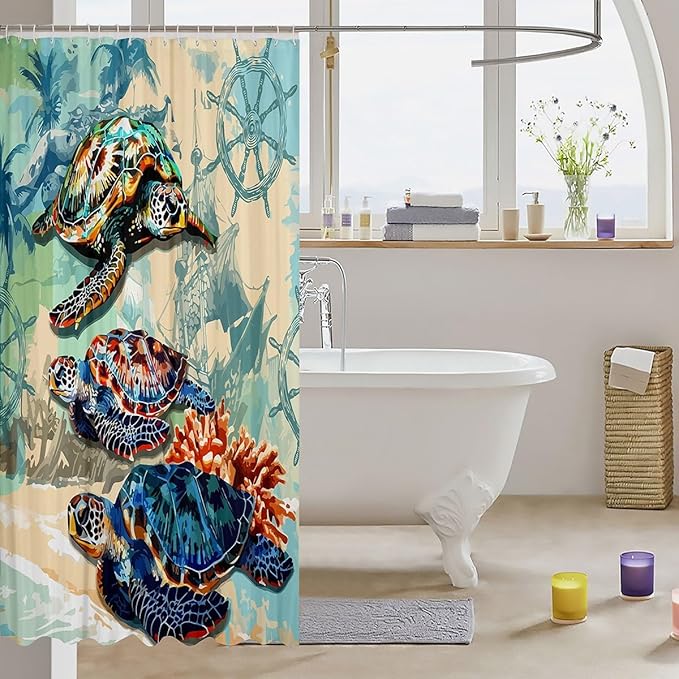 Feelyou Sea Turtle Shower Curtain Compass Fabric Shower Curtain for Kids Boys Girls Nautical Bathroom Waterproof Accessories with 12 Hooks Ocean Sea Adventure Curtains,72x72 Inches