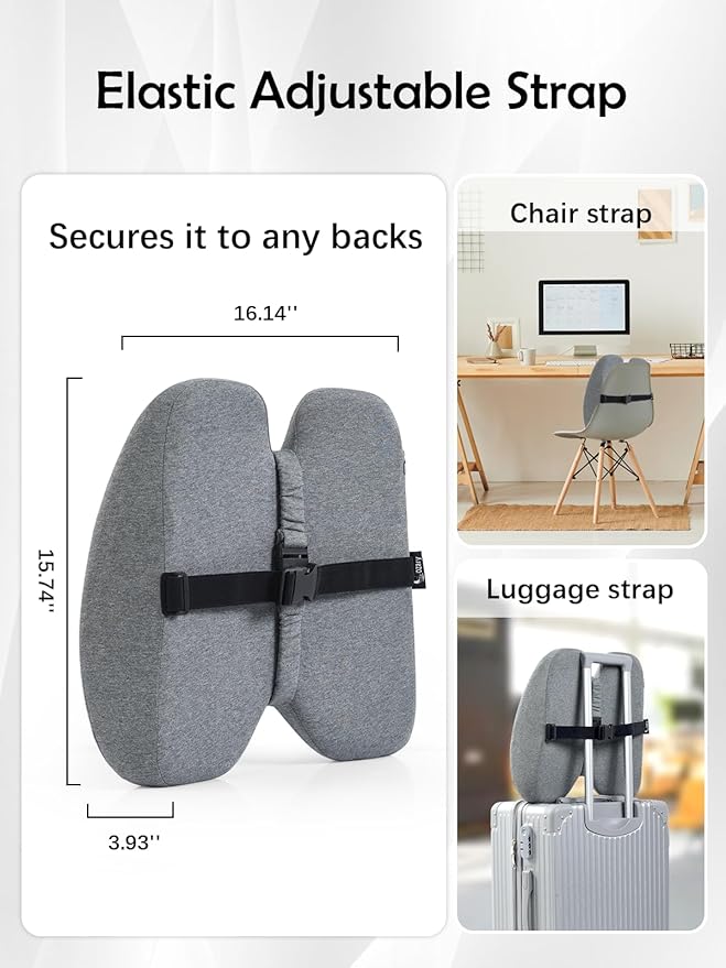 Lumbar Support Pillow for Office Chair Back Support Pillows for Car, Computer, Gaming Chair, Recliner Memory Foam Pillow for Pain Relief Adjustable Strap Improve Posture (with Small Cushion)