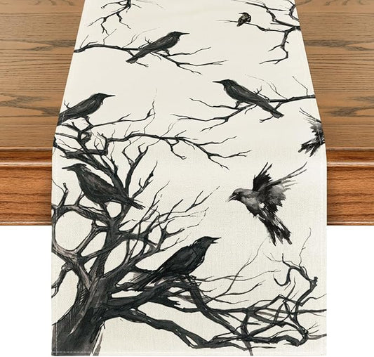 Artoid Mode Silhouette Tree Crows Branches Halloween Table Runner, Seasonal Fall Kitchen Dining Table Decoration for Home Party Decor 13x120 Inch