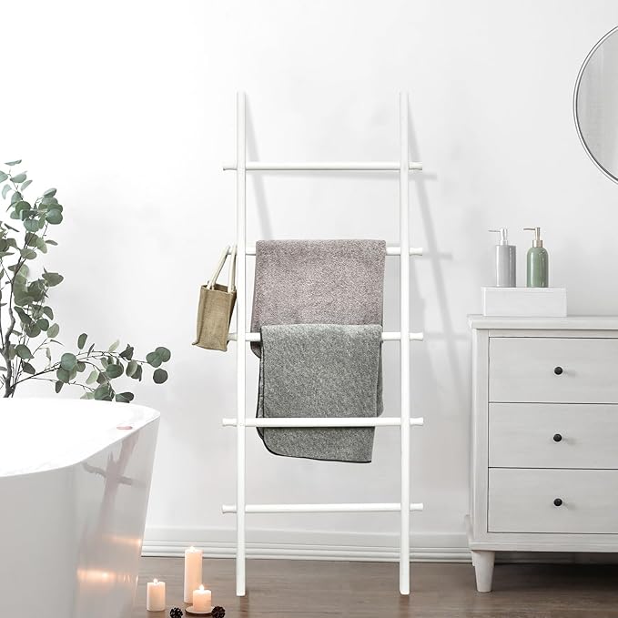 FUIN 57in Wood Blanket Ladder Living Room Decorative Wall Leaning Farmhouse Quilt Display Holder Rustic Wooden Towel Rack for Bathroom, White