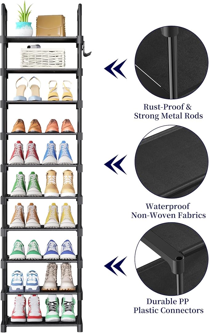 Kitsure Shoe Rack - 10-Tier Shoe Organizer with Detachable Fabric Shelves & Thick Metal Frame, Easy-to-Assemble Tall Shoe Rack for Closet, Entrance, Living Room, 16.9"×11.8"×68.5", Black