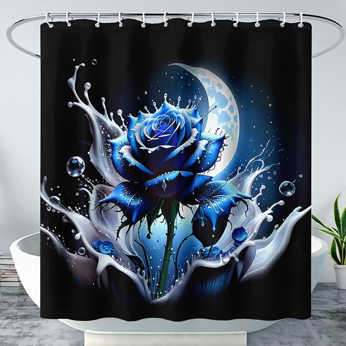 AILONEN 3D Rose Shower Curtain for Bathroom, Evening Moon Blue Rose Bath Curtain for Girls Women, Modern Floral Print Minimalism Shower Curtain Waterproof with 12 Plastic Hooks 36" W*72" H
