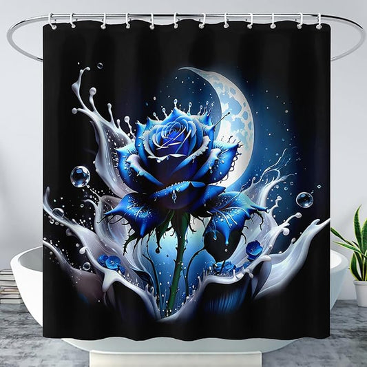 AILONEN 3D Rose Shower Curtain for Bathroom, Evening Moon Blue Rose Bath Curtain for Girls Women, Modern Floral Print Minimalism Shower Curtain Waterproof with 12 Plastic Hooks 60" W*72" H