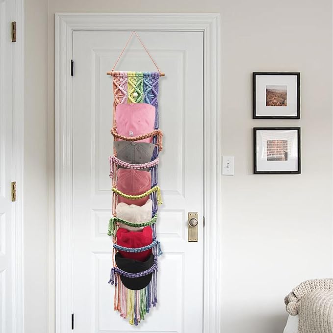 2PCS Macrame Cap Holder Boho Hat Hangers Over Door Decorative Bohemian Handmade Ball Cap Rack Organizer Woven Wall Hanging for Baseball Cap Display Decorations (Rainbow, Up to 24 Caps)