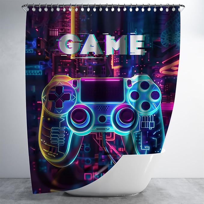 Video Game Shower Curtain Gaming Gamepad Controller Shower Curtains for Bathroom Decor Waterproof Polyester Fabric Gamer Bathroom Curtain with Hooks 66x72 Inch