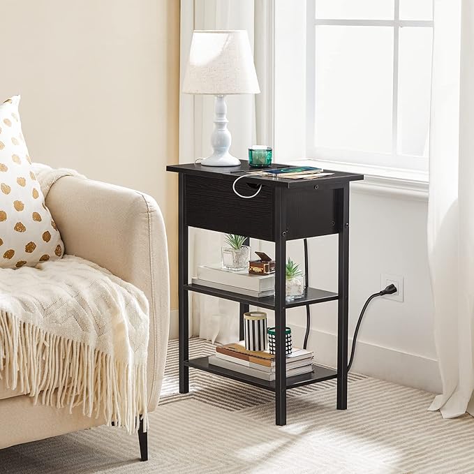 HOOBRO Side Table, Flip End Table with Charging Station and Shelves, USB Ports & Power Outlets, Narrow Nightstand for Small Spaces, Stable and Sturdy, for Living Room, Black BK341BZ01