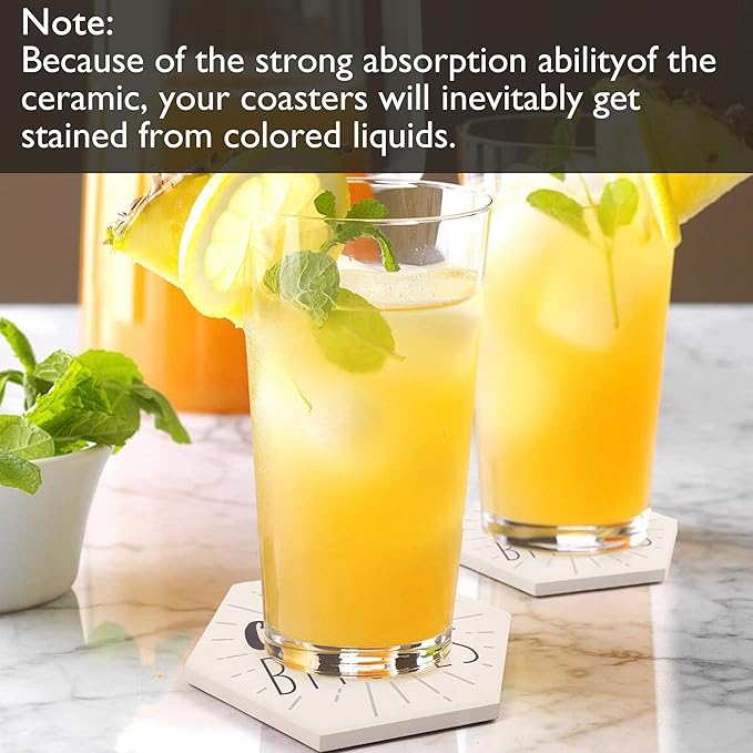 LotFancy Funny Drink Coasters with Holder, 6PCS Absorbent Ceramic Coasters, Hexagon Set, Non-Slip, Bar Room Decor