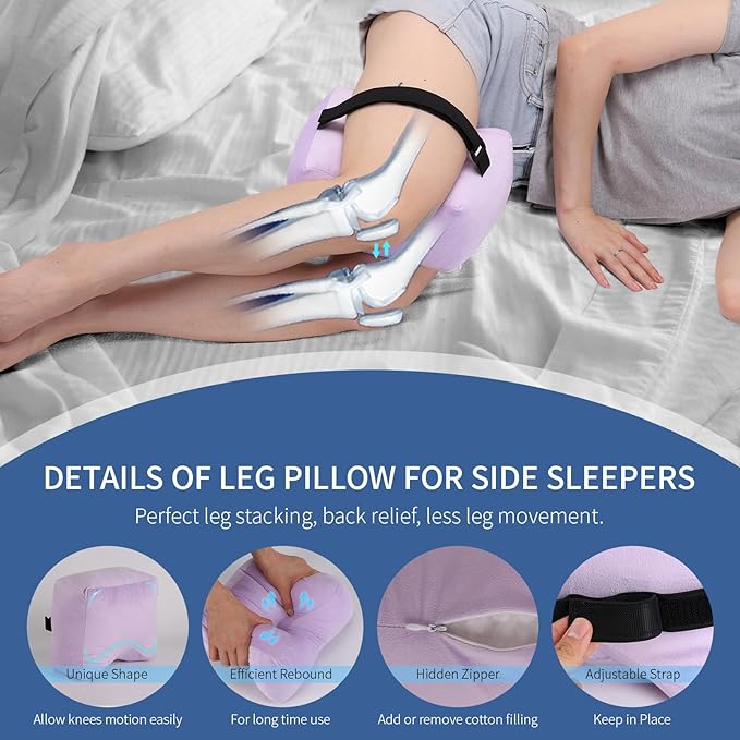 Knee Pillow for Side Sleepers - Leg Support Pillow for Sciatica Relief, Hip and Back Pain Alleviation, Spine Alignment with Adjustable Strap (Purple)