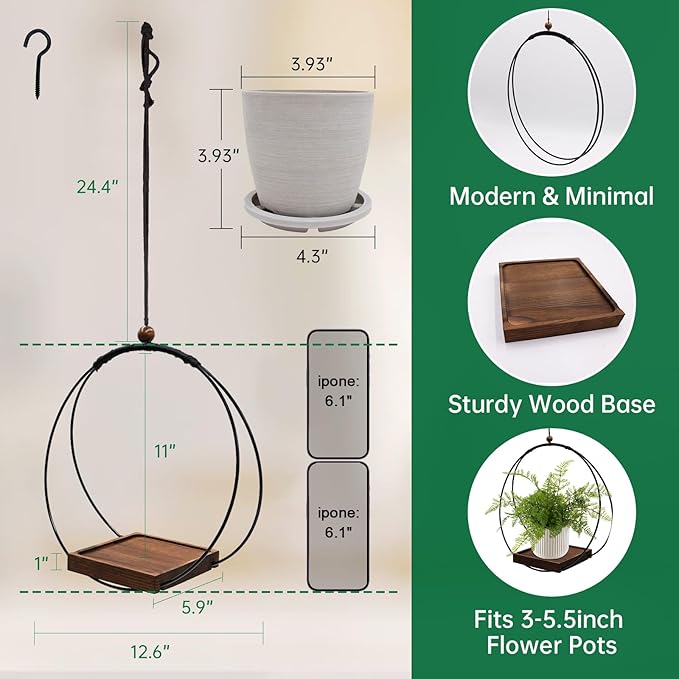 Hanging Planter for Indoor Plants,Plant Hanger with Sturdy Wood Base & Pot, Modern Boho Macrame Plant Hanger,Wall Ceiling Window Stands(2 Pack+Pots)