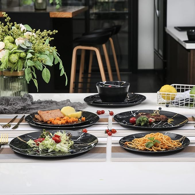 Melamine Dinnerware Set - 12pcs Plates and Bowls Sets Best for Indoor and Outdoor Party, BPA-Free Dishwasher Safe Kitchen Dinner Set with Black Marble Pattern