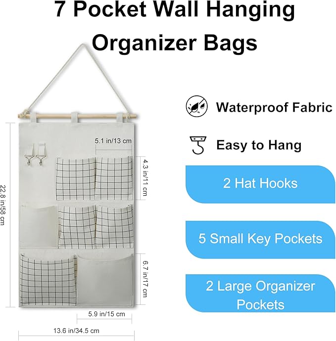 2Pcs RV Hanging Storage Bags Set, 3 Tier Boho Style Decor Hanging Fruit Basket & 7 Pockets Linen Fabric Over Door/Wall Mount Organizer with 2 Hooks, Space-Saving for Home, Kitchen, RV, Dorm