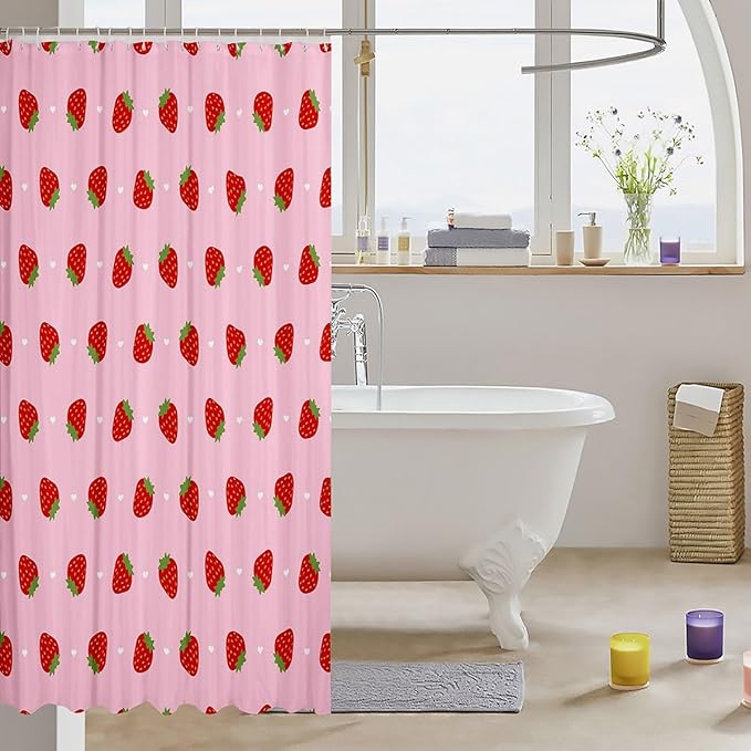 Feelyou Girls Strawberry Fabric Shower Curtain Kawaii Strawberry Shower Curtain Kids Boys Girls Pink Cartoon Fruit Food Theme Bathroom Waterproof Accessories with 12 Hooks Kawaii Curtains,72x84 Inches