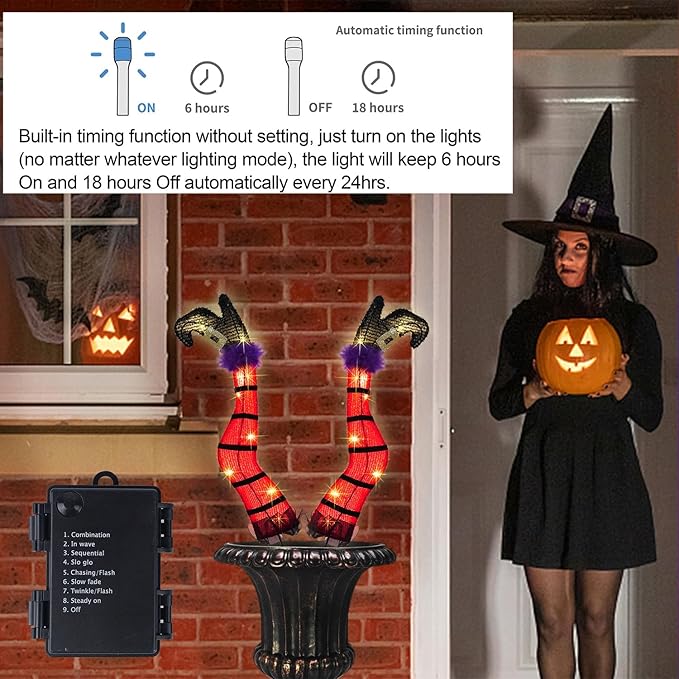 Juegoal Set of 2 Halloween Lighted Wicked Red Witch Legs with Stakes,22" Light Up Tinsel Halloween Yard Signs Prop Timer & 8 Modes, Battery Operated for Outdoor Party Haunted House Garden Decor