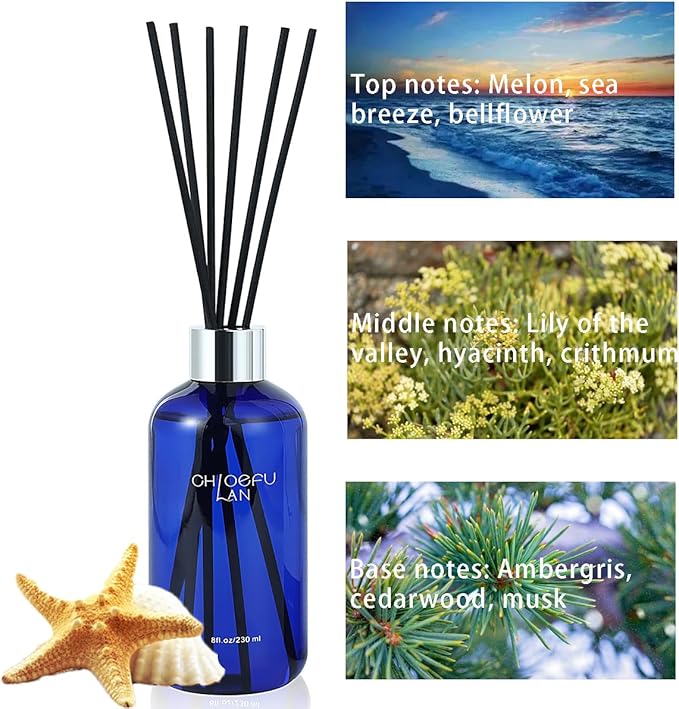 Chloefu Lan Sea Breeze Reéd Diffuser Set, 8 oz Natural Essential Scented Oil with Diffuser Sticks, Reéd Diffusers for Home, Beach Bathroom Decor, Coastal Room Decor, Non-Toxic Oil Reéd Diffuser