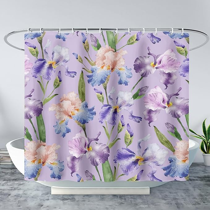 AILONEN Floral Shower Curtain, Pretty Purple Iris Pattern Shower Curtain Set for Girls Boys Teens Kids,Fantasy Vintage Flower Fabric Shower Curtains for Bathroom,60" W*72" H