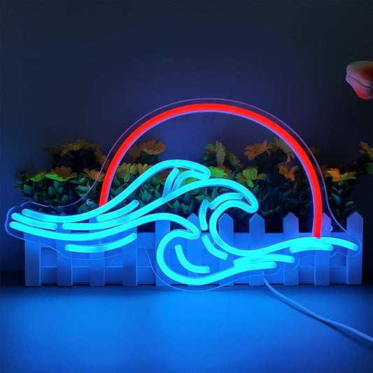 Sunset Wave Neon Light Wall Decor - Dimmable LED Bedroom Sign for Weddings, Man Cave, Living Room, Parties - USB Powered (8.8 * 16in)