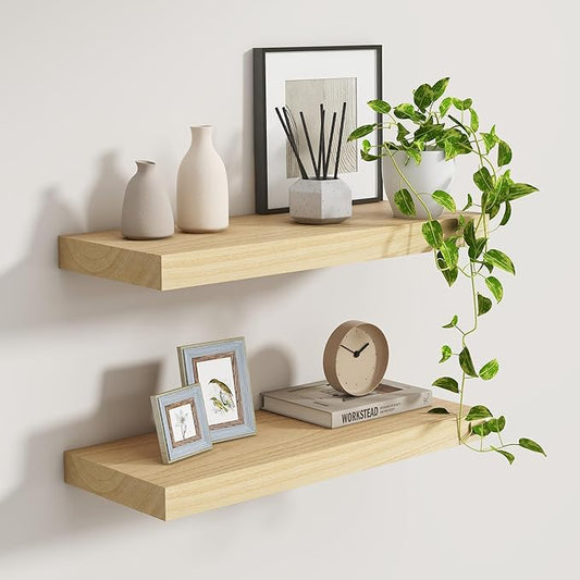 Floating Shelves24 Inch Long , 9 Inch Deep Floating Shelves for Wall, Solid Wood Floating Shelf, Deep Wall Shelves for Living Room, Bathroom, Kitchen, 24"W x 9.3"D x 1.6"H, Natural Color, Set of 2