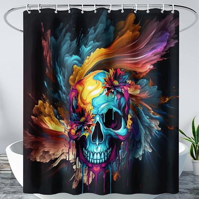 AILONEN Sugar Skull Shower Curtain for Bathroom,Romantic Colorful Smoky Skull Bath Curtain,Watercolor Skull Skeleton Decoration Bathroom Waterproof Shower Curtain with 12 Plastic Hooks, 72" W*96" H