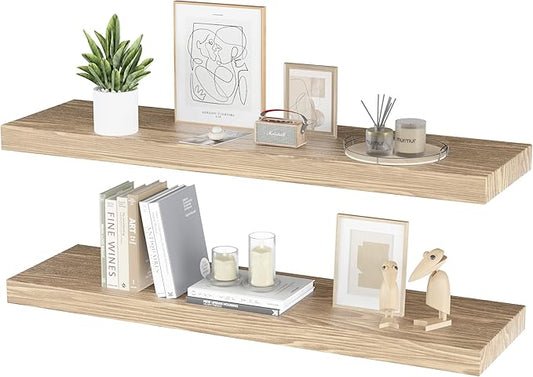 Floating Shelves for Wall - 32 x 9 Inch Natural Wood Shelves for Bathroom, Bedroom, Kitchen Decor, Farmhouse Decor Set of 2, Natural Wood
