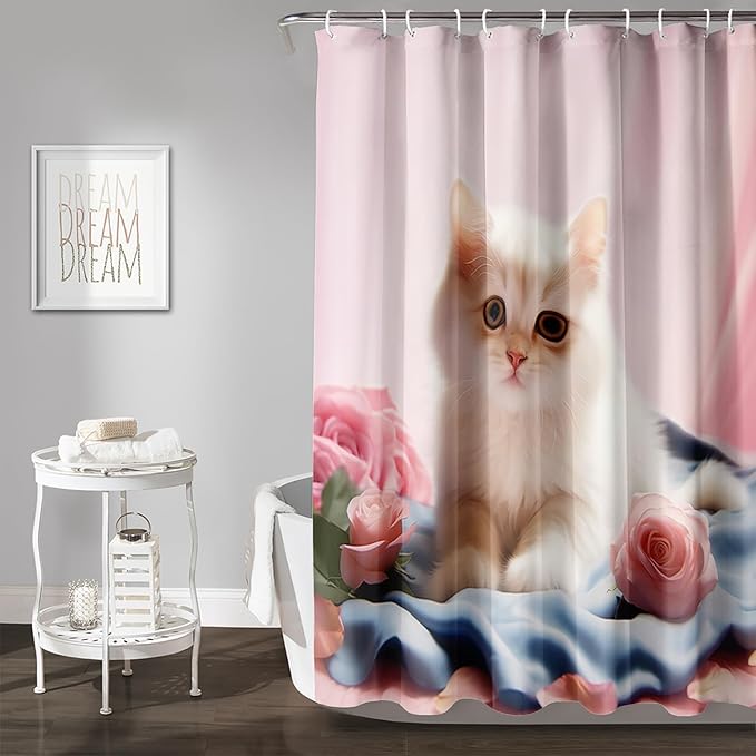 AILONEN 3D Beautiful Cat Shower Curtain,Kawaii Kitten Shower Curtain Set for Kids Boys Girls,Cat Lovers Animal Shower Curtain for Bathroom,Pink Rose Bath Curtain with Hooks,48" W*72" H