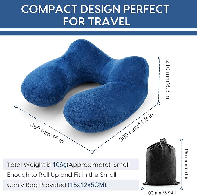 Inflatable Travel Pillow for Airplane Inflatable Neck Pillow for Traveling with Soft Velvet Washable Cover for Sleeping, Airplane,Train, Car, Office, Contoured Eye Masks, Earplugs