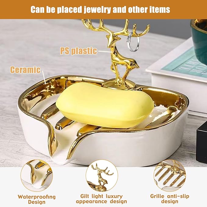 Soap Dish, Virvia Luxurious Ceramic Soap Dish Self Draining Soap Holder Tray Easy Cleaning Soap Saver for Shower Bathroom Kitchen Sink Bathtub Hotel Travel（White Painted in Gold）