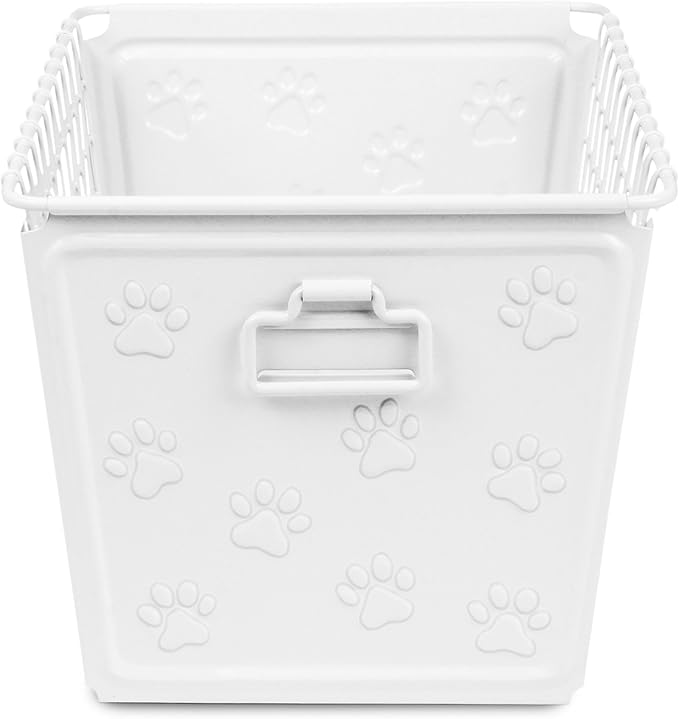 Spectrum Macklin Paw Printed Wire Basket Medium with Label Plate (White) - Storage Bin & Décor for Bathroom, Closet, Pantry, Under Sink, Toy, Shelf, Kitchen, & Nursery Organization