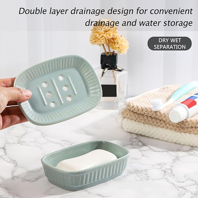 VanEnjoy Green Ceramic Soap Holder, Self Draining Soap Dish for Kitchen Sink, Decorative Bathroom Holder