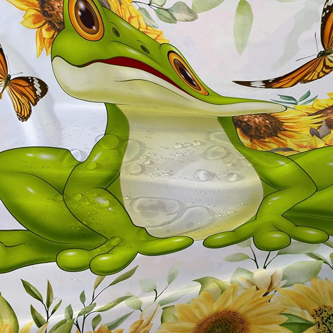 AILONEN Cartoon Frog Shower Curtain Yellow Sunflower Shower Curtain 72" W*78" H,Wildlife Frog Modern Botanical Floral 3D Printed Animal Bathroom Decor Shower Curtain with 12 Hooks