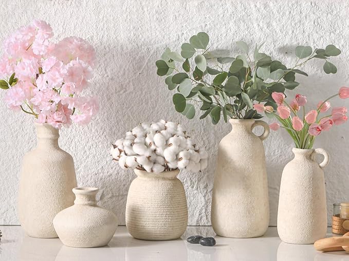 Ceramic Flower Vase, 7.48 Inch White Rustic Farmhouse Decorative Vase Pottery Wide-Mouth Vases for Home Decor Table Living Room Entryway Mantel Bookshelf Bedroom Bathroom Kitchen