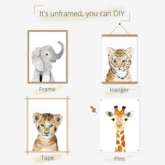 Jungle Safari Wall Art Decor for Baby Nursery Room - Tiger, Lion, Elephant Animal Decorations for Bedroom (12"x16", UNFRAMED)