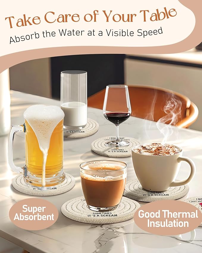 Cup Coasters for Drinks Absorbent - for Coffee Wooden Table Office Cute Farmhouse Outdoor Rustic Desk Unique Woven Women Boys Soft Cloth Braided Fabric Cool Funny Coaster Set of 6 with Holder