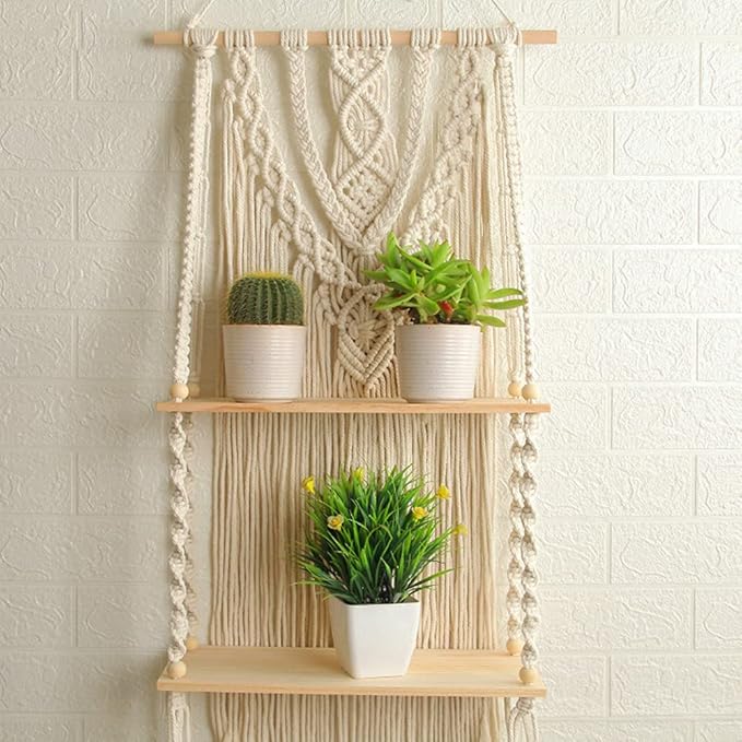 Mong Macrame Wall Hanging Shelf - Boho Hanging Shelves for Wall - Decorative Bohemian Floating Plants Room Storage Shelving Macrame Rope Decor Organizer Rack, 2 Tier Handmade Plant Shelves
