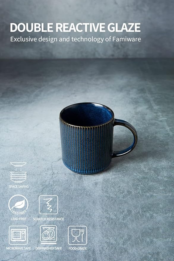 famiware Coffee Mug Set for 4, Star 12 oz Catering Mugs Cup Set with Handle for Coffee, Tea, Cocoa, Milk - Ceramic Stoneware Drinkware Set, Nebulas Blue