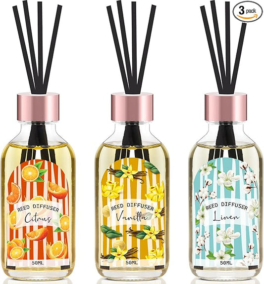 Reed Diffuser Set of 3 Pack, Linen Vanilla Citrus Scented Oil Diffuser with 15 Sticks, Reed Diffusers for Home, Bathroom Air Freshener, 1.7 Fl.oz Each, Total 5.1 Oz