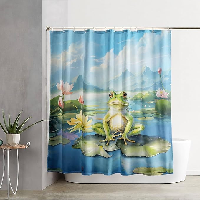 AILONEN Cartoon Frog Shower Curtain Set for Bathroom,Kawaii Green Frog Bath Curtain,Amphibian Animal Shower Curtain,Lotus Flower Waterproof Fabric Shower Curtain with Hooks,60" W*72" H