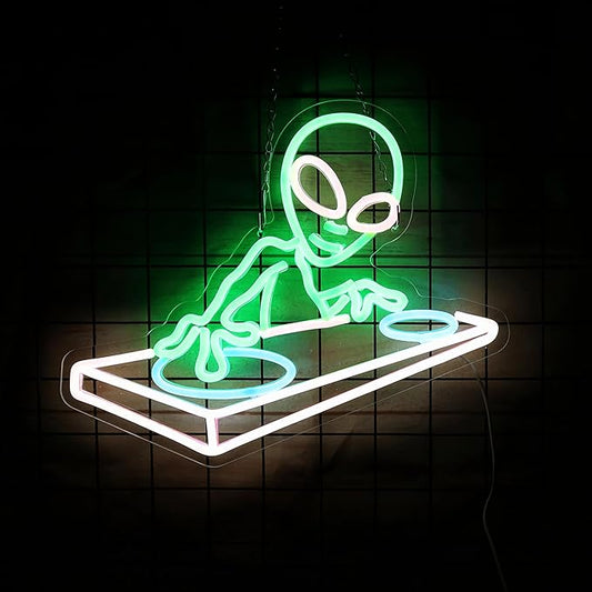 Alien DJ Neon Sign DJ Gifts for Men Cave Cool LED Neon Light for Music Bar Wall Decor Dimmable LED Signs for Game Room Bedroom Decor Bar Music Concert Wall Art 15.7 * 12.6IN