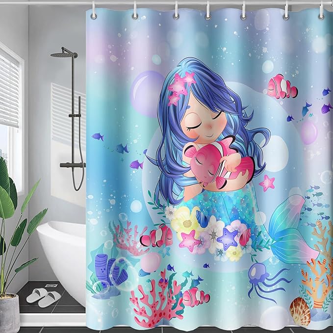 AILONEN Beautiful Mermaid Shower Curtain,Cute Mermaid Bath Curtain for Girls Teens,Ocean Curtain,Cartoon Fish Print Blue Waterproof Curtain for Bathroom Decor, 72" W x 84" H