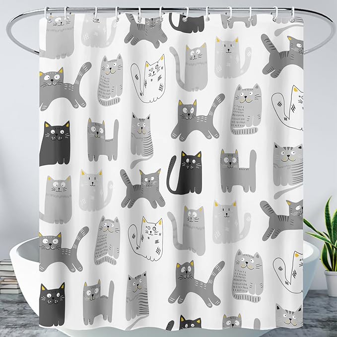 AILONEN Cat Shower Curtain 72" W*84" H Funny Cartoon Cat Grey Printed Bath Curtain Cat Theme Shower Curtain Minimalist Bathroom Curtain Decor Polyester Waterproof Curtain with 12 Hooks