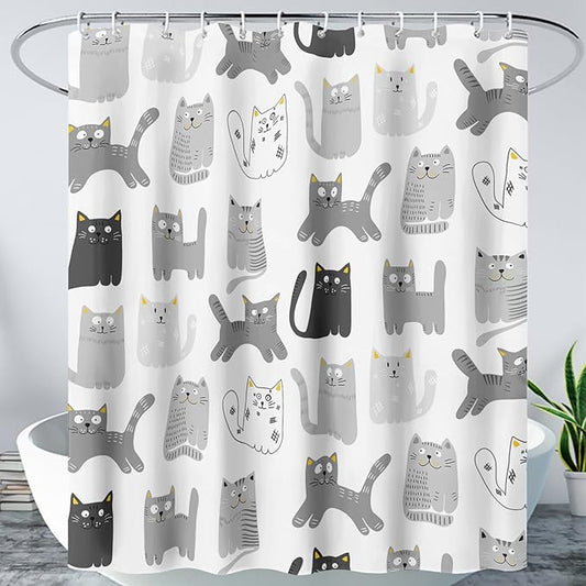 AILONEN Cat Shower Curtain 72" W*72" H Funny Cartoon Cat Grey Printed Bath Curtain Cat Theme Shower Curtain Minimalist Bathroom Curtain Decor Polyester Waterproof Curtain with 12 Hooks