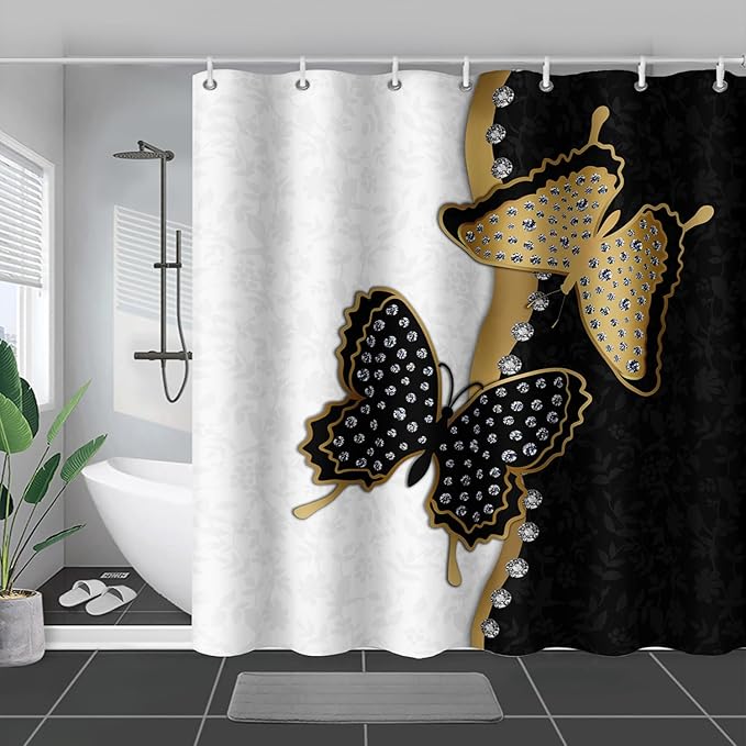 AILONEN Butterfly Shower Curtain for Bathroom Black and White Floral Printed Butterfly Bath Curtain 60" W*72" H Polyester Fabric Waterproof Bathroom Curtain with 12 Hooks