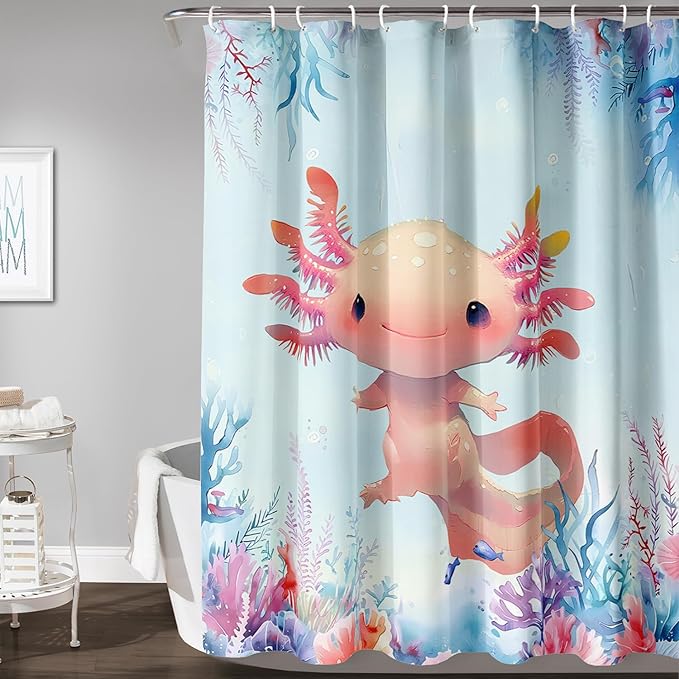AILONEN Axolotl Shower Curtain for Bathroom,Watercolor Axolotl Coral Bath Curtain for Kids Girls,Ocean Animal Salamander Blue Shower Curtain Decoration Waterproof with 12 Plastic Hooks, 72" W*84" H