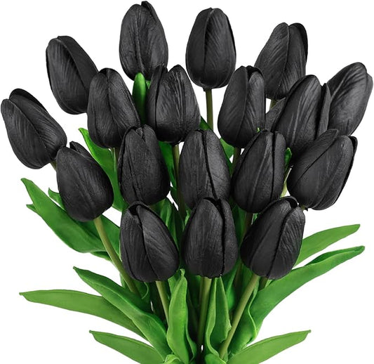 Beferr Black Tulips Artificial Flowers 18pcs Faux Tulip Real Touch Fake Flowers Bouquets for Halloween Easter Gifts Home Party Wedding Table Decorations